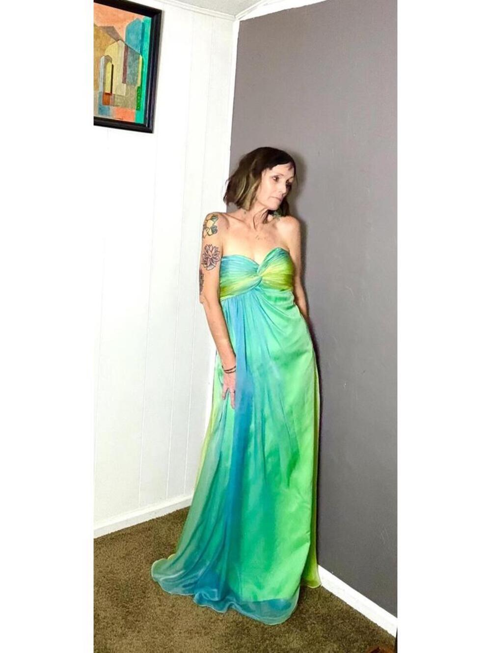 Y2K Ombre Goddess Gown Lime and Turquoise Chiffon Mermaid Fairy